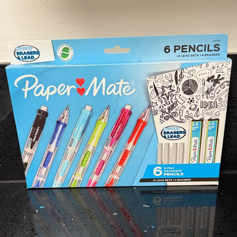 NEW Papermate Mechanical Pencils Set of 6 - Multicolor w lead & erasers